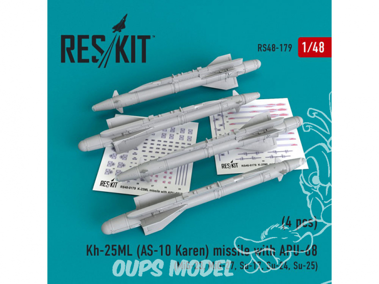 ResKit kit d'amelioration Avion RS48-0179 Missile Kh-25ML (AS-10 Karen) avec APU-68 (4 pièces) 1/48