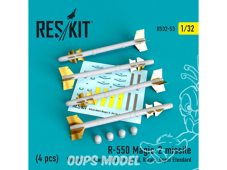 ResKit kit RS32-0053 R-550 Magic-2 missile 4 pieces Mirage f.1, Mirage 2000, Mirage III, Rafale, Super Etendard 1/32