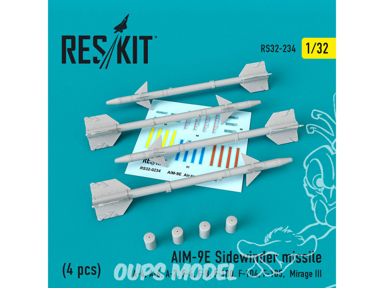 ResKit kit RS32-0234 AIM-9E Sidewinder missile 4 pcs A-4, A-6, A-7, F-4, F-8, F-100, F-104, F-105, Mirage III 1/32