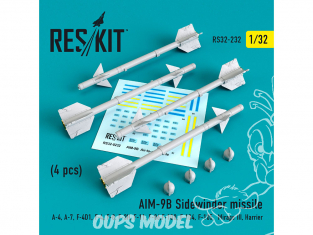 ResKit kit RS32-0232 AIM9B Sidewinder missile A4, A7, F4D1, F4, F8, F-3H, F-11, F-86,F-100, F-104, F-105, Mirage, Harrier 1/32