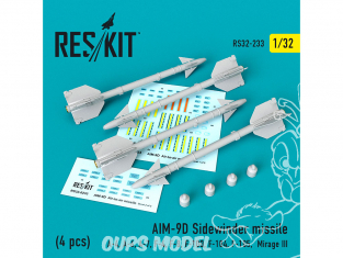 ResKit kit RS32-0233 AIM-9D Sidewinder missile 4 pieces A-4, A-6, A-7, F-4, F-8, F-100, F-104, F-105, Mirage III 1/32