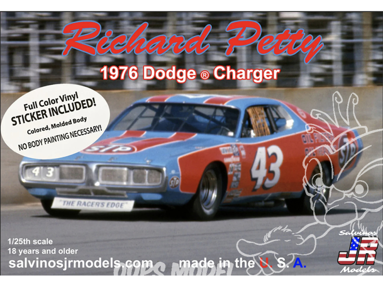 JR Models maquette voiture 1976DV Chargeur Dodge "Petty" avec decalques complets et carosserie peinte 1/25