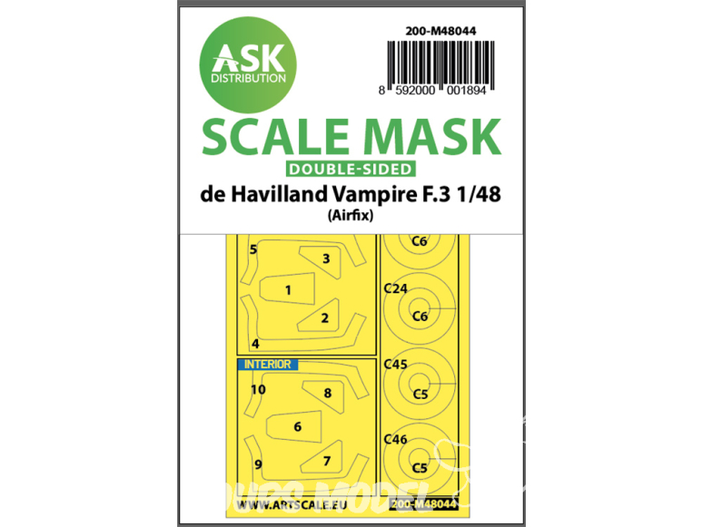 ASK Art Scale Kit Mask M48044 De Havilland Vampire T.3 Airfix Recto Verso 1/48