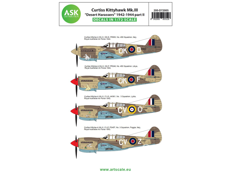 ASK Art Scale Kit Décalcomanies D72005 Curtiss Kittyhawk Mk.III "Desert Harassers" 1942 - 1944 Partie 2 1/72