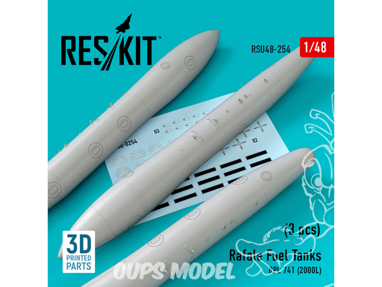 ResKit kit d'amelioration Avion RSU48-0254 Réservoirs de carburant Rafale RPL 741 (2000L) 3 pcs impression 3D pour tous kit 1/48