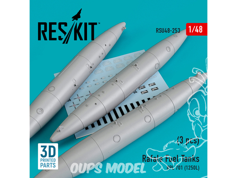 ResKit kit d'amelioration Avion RSU48-0253 Réservoirs de carburant Rafale RPL 701 (1250L) 3 pcs impression 3D pour tous kit 1/48