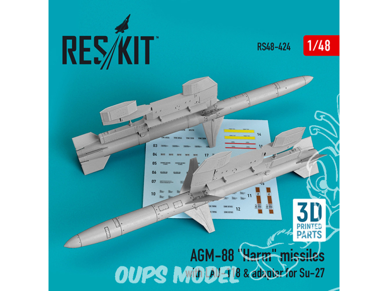 ResKit kit RS48-0424 Missiles AGM-88 "Harm" avec LAU-118 et adaptateur pour Su-27 (2 pcs) 1/48