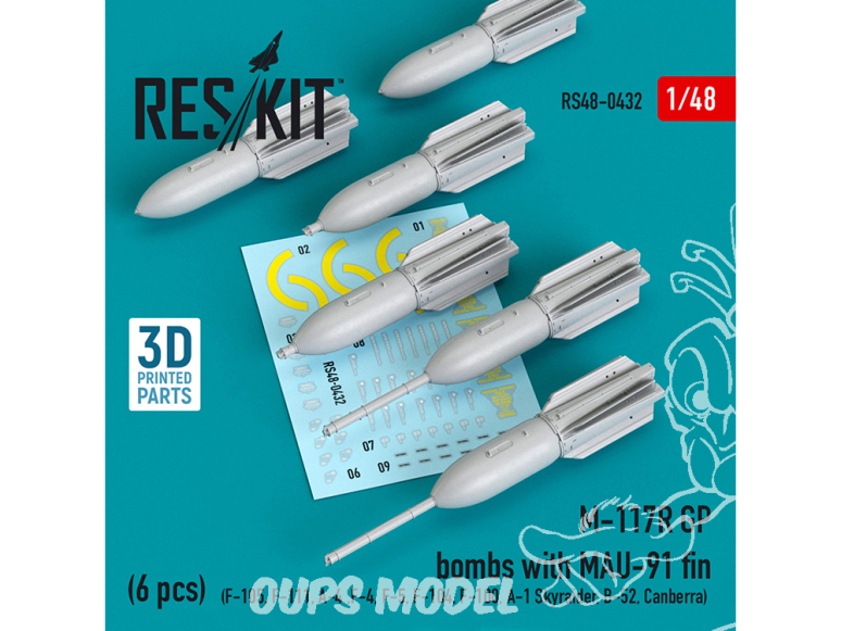 ResKit kit armement Avion RS48-0432 Bombes M-117R GP avec aileron MAU-91 (6 pcs) Impression 3D 1/48