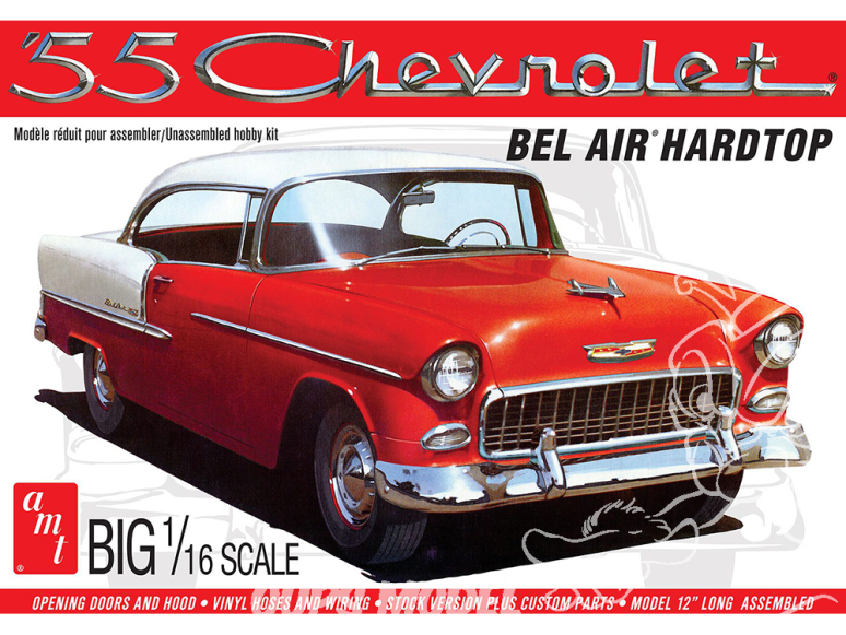 AMT maquette voiture 1452 Chevy Bel Air Hardtop 1955 (2 'n 1) Stock ou Personnalisé 1/16