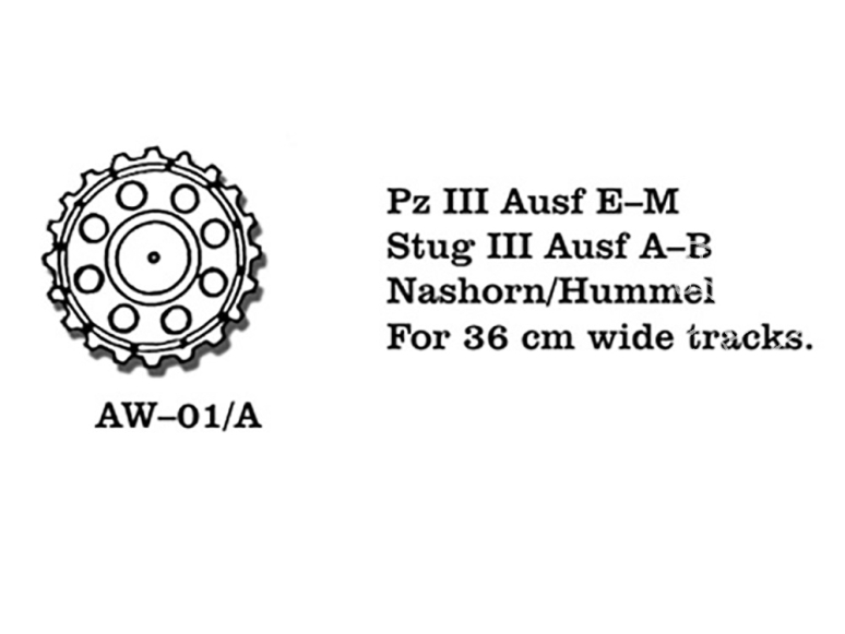 Friul Model AW-01/A Roues métal Pz III Ausf E-M Stug III Ausf A-B Nashorn / Hummel pour chenilles 36cm 1/35