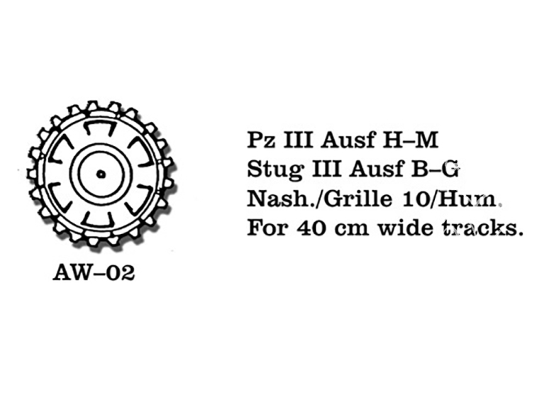 Friul Model AW-02 Roues métal Pz III Ausf H-M Stug III Ausf B-G Nashorn / Grille 10 Hummel pour chenilles 40cm 1/35