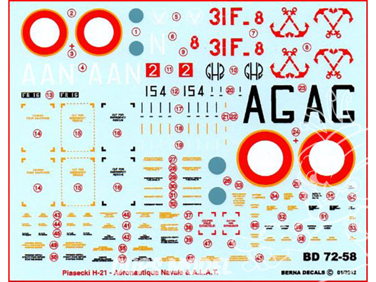 Decalques Berna decals BD72-58 PIASECKI H-21 Aeronautique Navale & A.L.A.T. 1/72