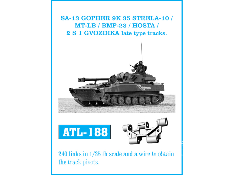 Friul Model ATL-188 Chenilles métal SA-13 GOPHER 9K 35 STRELA-10 / MT-LB / BMP-23 / HOSTA / 2S1 GVOZDIKA Late type tracks 1/35