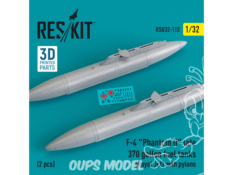 ResKit amelioration RSU32-0112 Réservoirs 370 gallons de la fin du F-4 Phantom II Royal Jet pylônes 2 pièces imprimé en 3D 1/32