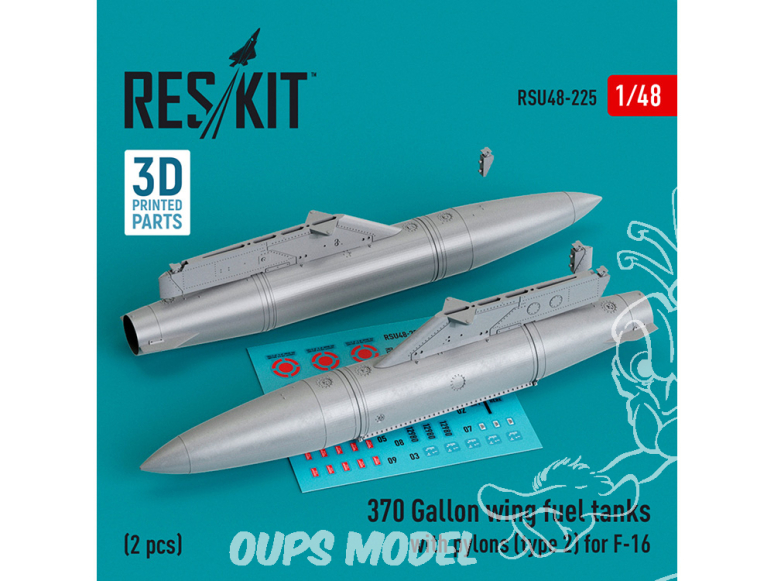 ResKit kit d'amelioration Avion RSU48-0225 Réservoirs de carburant d'aile de 370 gallons avec pylônes de type 2 pour F-16 1/48