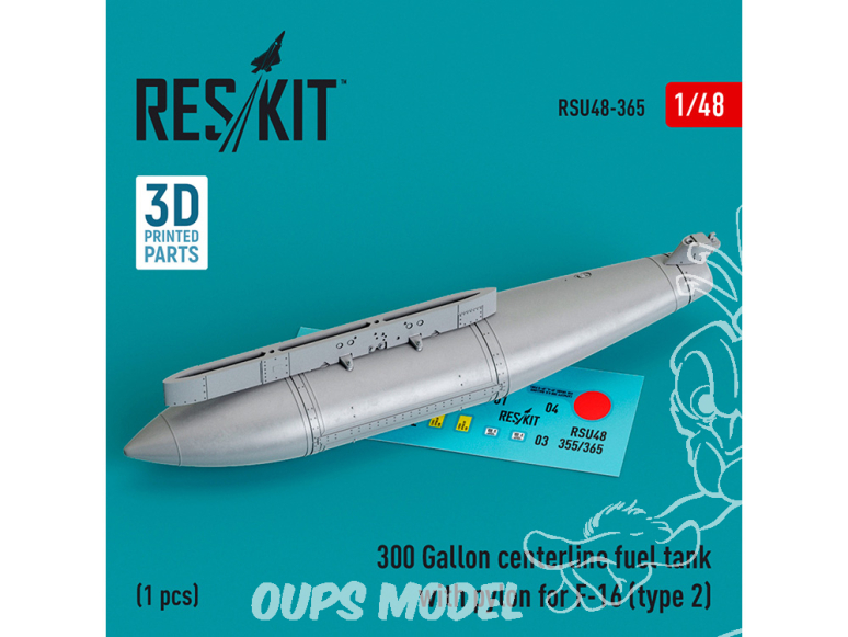 ResKit kit d'amelioration RSU48-0365 Réservoir carburant central 300 gallons + pylône pour F-16 type 2 1 pcs imprimé en 3D 1/48