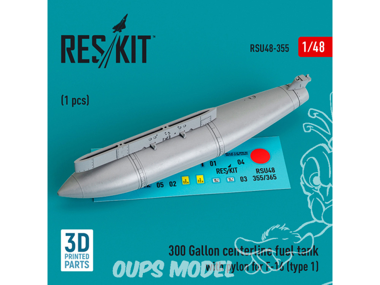 ResKit kit d'amelioration RSU48-0355 Réservoir de carburant central 300 gallons avec pylône F-16 type 2 1 pcs imprimé en 3D 1/48