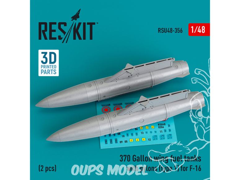 ResKit kit d'amelioration RSU48-0356 Réservoirs carburant d'aile 370 gallons avec pylônes type 1 pour F-16 2pièces 1/48