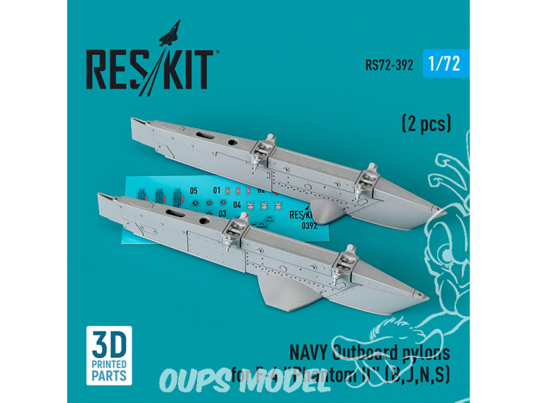 ResKit kit armement Avion RS72-0392 Pylônes extérieurs NAVY pour F-4 Phantom II B, J, N, S 2 pièces imprimées en 3D 1/72