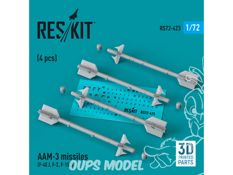 ResKit kit armement Avion RS72-0423 Missiles AAM-3 4 pièces imprimés en 3D 1/72