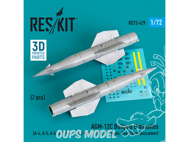 ResKit kit armement Avion RS72-0429 Missiles AGM-12C Bullpup B 2 pièces imprimées en 3D 1/72