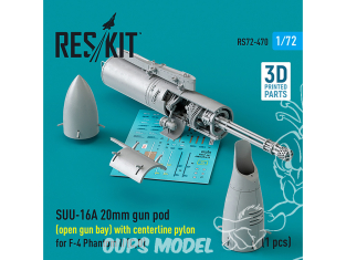 ResKit kit armement Avion RS72-0470 Nacelle de canon SUU-16A de 20 mm ouverte pylône central F-4 Phantom II C, D 1 pièce 1/72