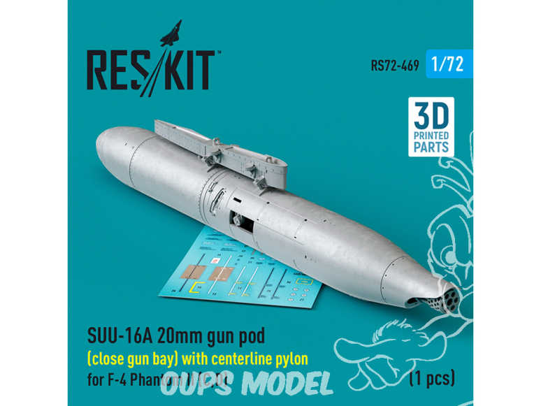 ResKit kit armement Avion RS72-0469 Nacelle de canon SUU-16A de 20 mm fermée pylône central F-4 Phantom II (C, D) 1/72