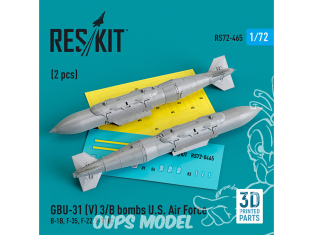 ResKit kit armement Avion RS72-0465 Bombes GBU-31 (V) 3/B U.S. Air Force 2 pièces Imprimé en 3D 1/72