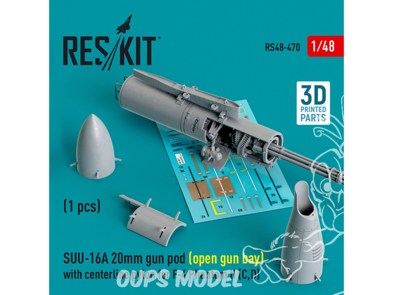 ResKit kit armement Avion RS48-0470 Nacelle de canon SUU-16A de 20 mm ouverte pylône central F-4 Phantom II C, D 1 pièce 1/48