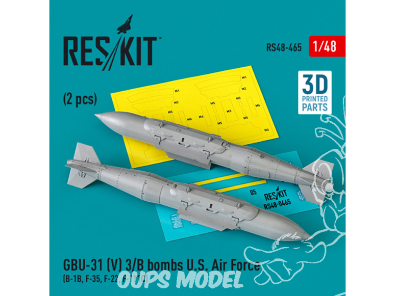 ResKit kit armement Avion RS48-0465 Bombes GBU-31 (V) 3/B U.S. Air Force 2 pièces Imprimé en 3D 1/48