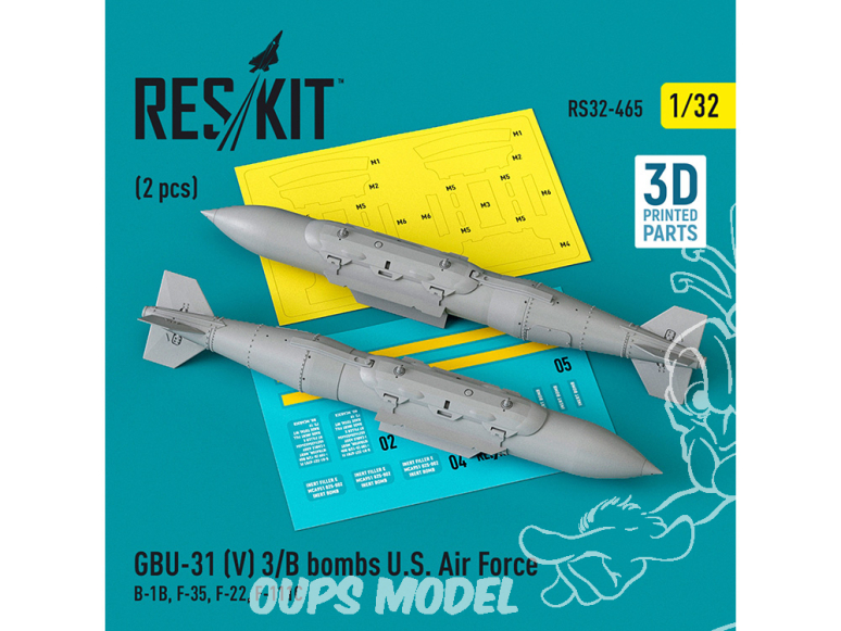 ResKit kit armement Avion RS32-0465 Bombes GBU-31 (V) 3/B U.S. Air Force 2 pièces Imprimé en 3D 1/32