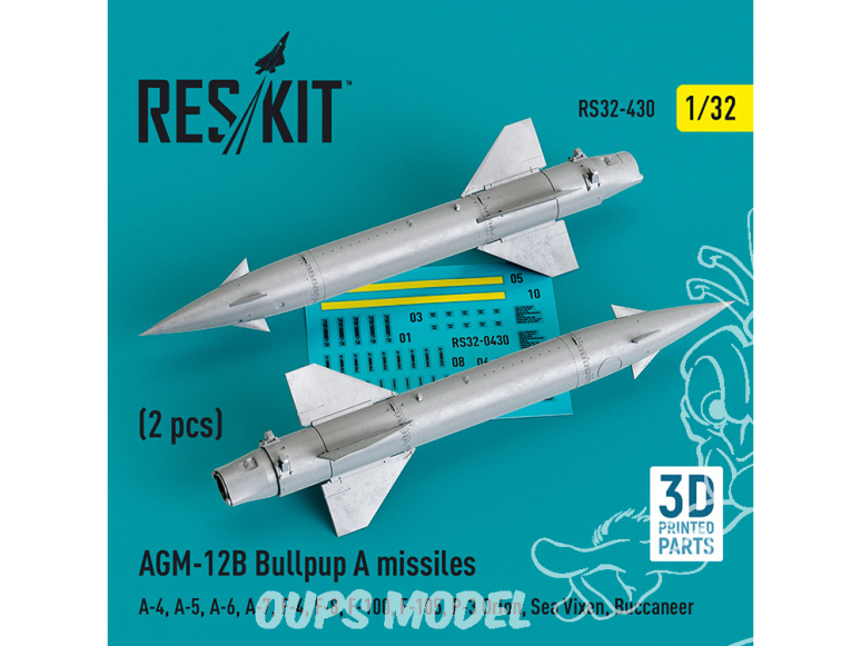 ResKit kit armement Avion RS32-0430 Missiles AGM-12B Bullpup A 2 pièces imprimées en 3D 1/32