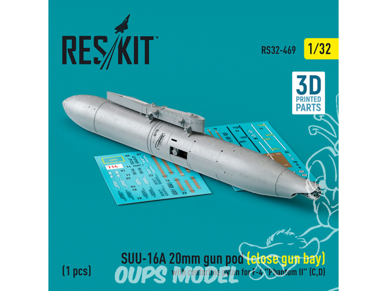 ResKit kit armement Avion RS32-0469 Nacelle de canon SUU-16A de 20 mm fermée pylône central F-4 Phantom II (C, D) 1/32