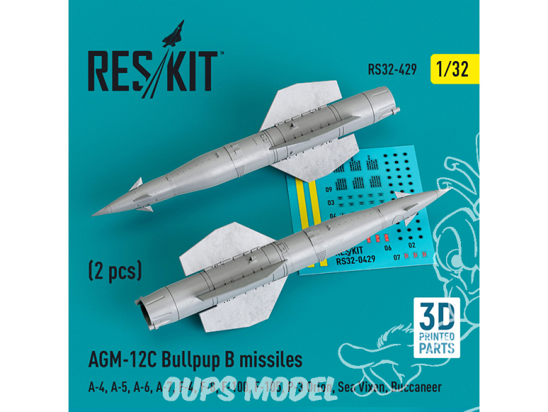 ResKit kit armement Avion RS32-0429 Missiles AGM-12C Bullpup B 2 pièces imprimées en 3D 1/32