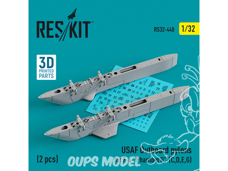 ResKit kit armement Avion RS32-0448 Pylônes extérieurs USAF pour F-4 Phantom II C, D, E, G 2 pièces imprimées en 3D 1/32