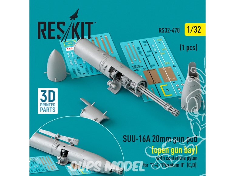 ResKit kit armement Avion RS32-0470 Nacelle de canon SUU-16A de 20 mm ouverte pylône central F-4 Phantom II C, D 1 pièce 1/32