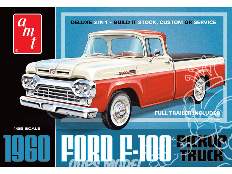 AMT maquette voiture 1407 Pick-up Ford F-100 AMT 1960 avec remorque 1:25