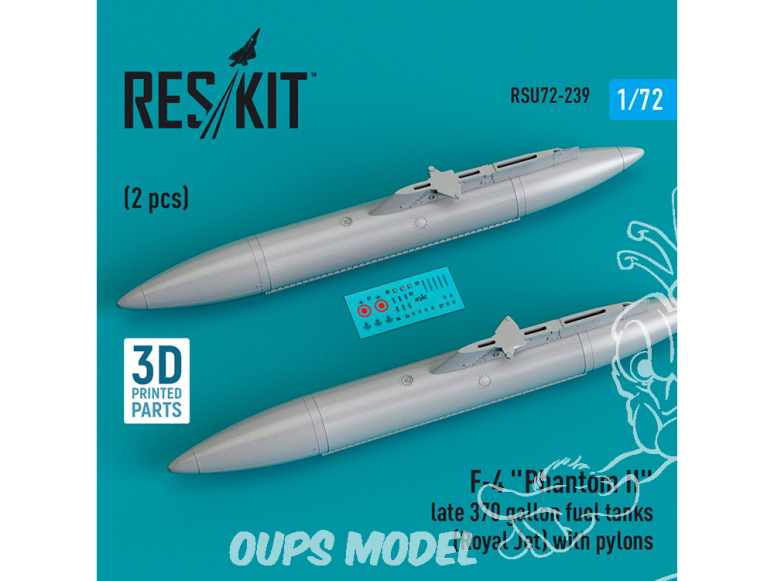 ResKit kit d'amelioration Avion RSU72-0239 2 Réservoirs carburant 370 gallons F-4 Phantom II Royal Jet pylônes imprimé 3D 72