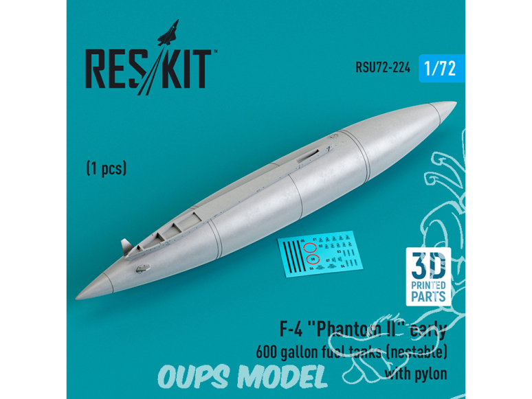 ResKit kit d'amelioration Avion RSU72-0224 Réservoir carburant de 600 gallons F-4 Phantom II emboîtable pylône imprimé en 3D 72