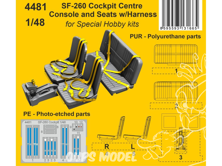 CMK 4481 Console centrale et sièges du cockpit SF-260 avec harnais pour Special hobby 1/48