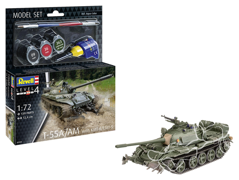 Revell maquette militaire 63328 Model Set T-55A/AM avec KMT-6/EMT-5 Mine Plough avec accessoires de base 1/72