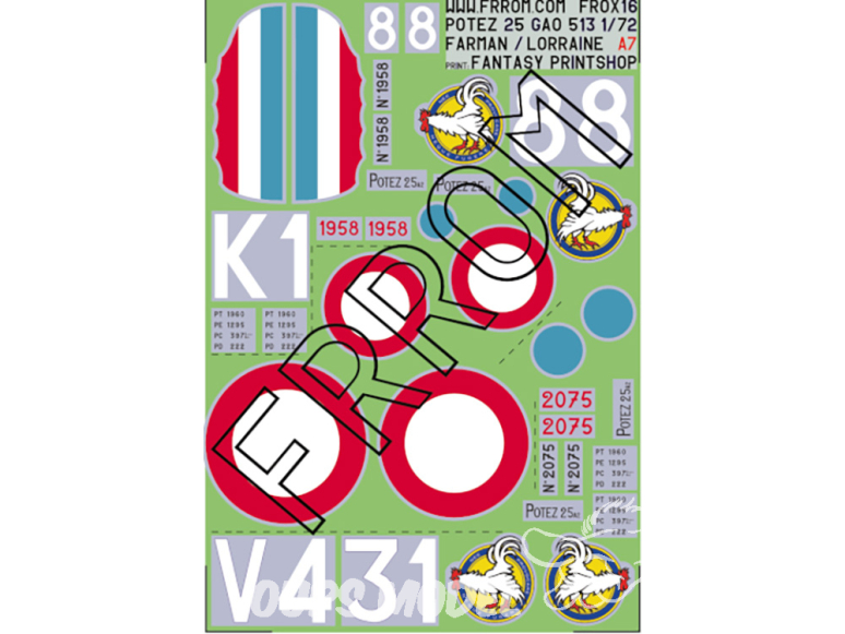 Frrom maquettes avions FR0X16 Décalques Potez 25 GAO 513 Clermont-Ferrand Lorraine et Farman taille A7 1/72