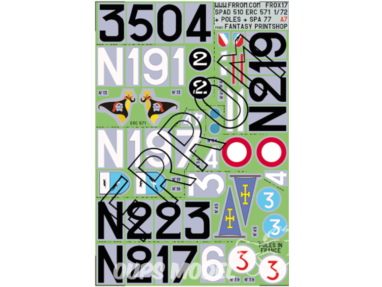 Frrom maquettes avions FR0X17 Décalques SPAD 510 additionnels ERC 571 Poles in France SPA 77 taille A7 1/72