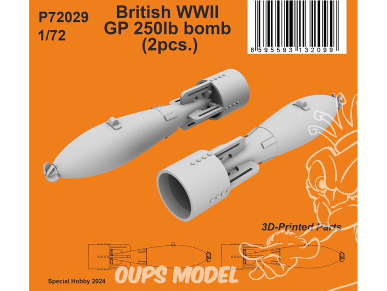 Special Hobby 3D Print militaire P72029 Bombe britannique GP de 250 lb WWII 2 pièces 1/72