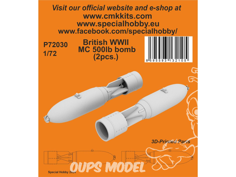 Special Hobby 3D Print militaire P72030 Bombe britannique MC 500 lb Mk.IV WWII 2 pièces 1/72