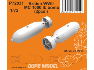 Special Hobby 3D Print militaire P72031 Bombe britannique MC 1000 lb Mk.I WWII 2 pièces 1/72