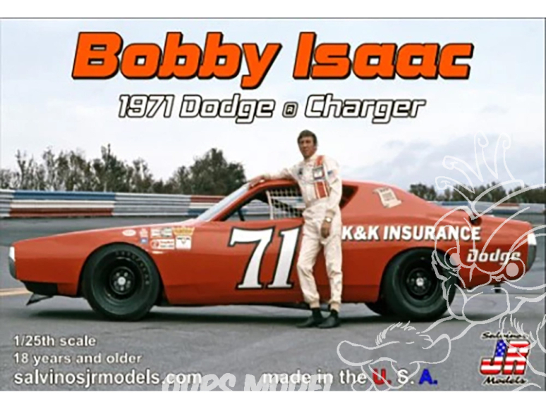 JR Models maquette voiture BIDC1971P Bobby Issac N°71 Dodge Charger 1971 à capot plat 1/25