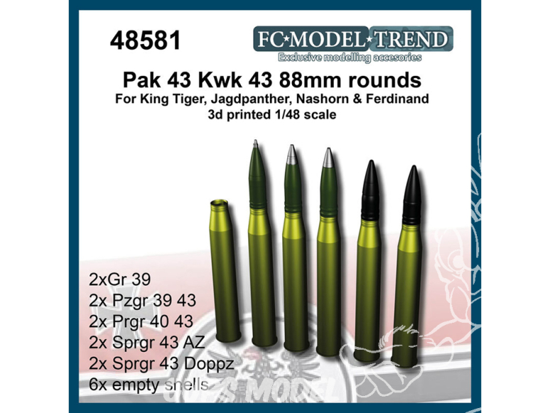 FC MODEL TREND accessoire résine 48581 Munitions Pak 43 Kwk 43 88mm rounds 1/48