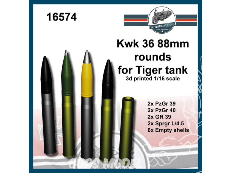 FC MODEL TREND accessoire résine 16574 Munitions rondes Kwk 36 88mm pour Tigre 1/16