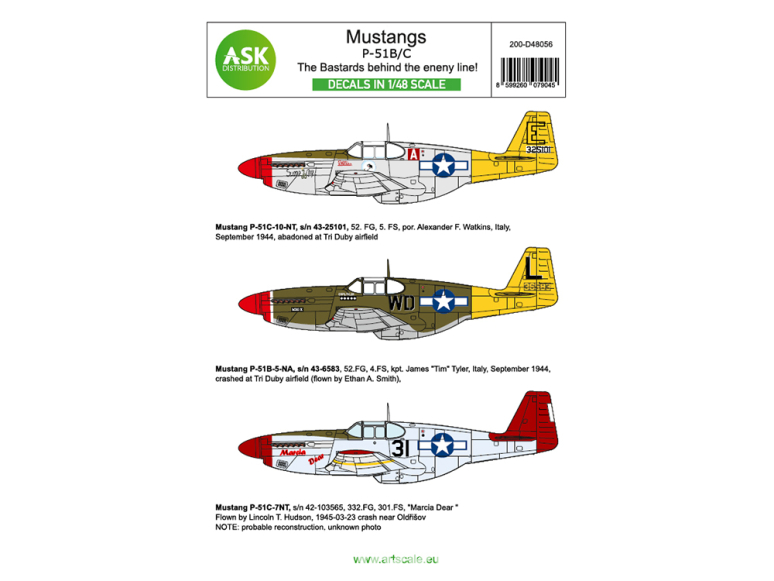 ASK Art Scale Kit Décalcomanies D48056 P-51B/C Mustang - The bastards behind the enemy lines 1/48